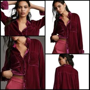 Anthropologie Pilcro Hadley Relaxed Pink Velvet Button Down Boho Shirt Sz 2